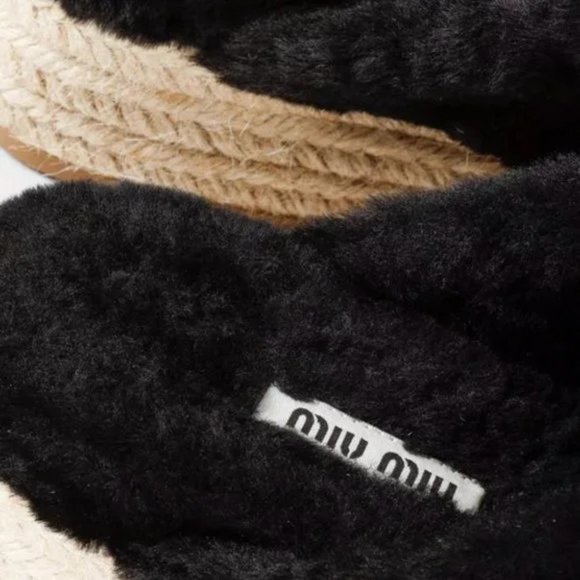 Miu Miu Black Shearling Crisscross Platform Slides - Picture 9 of 10